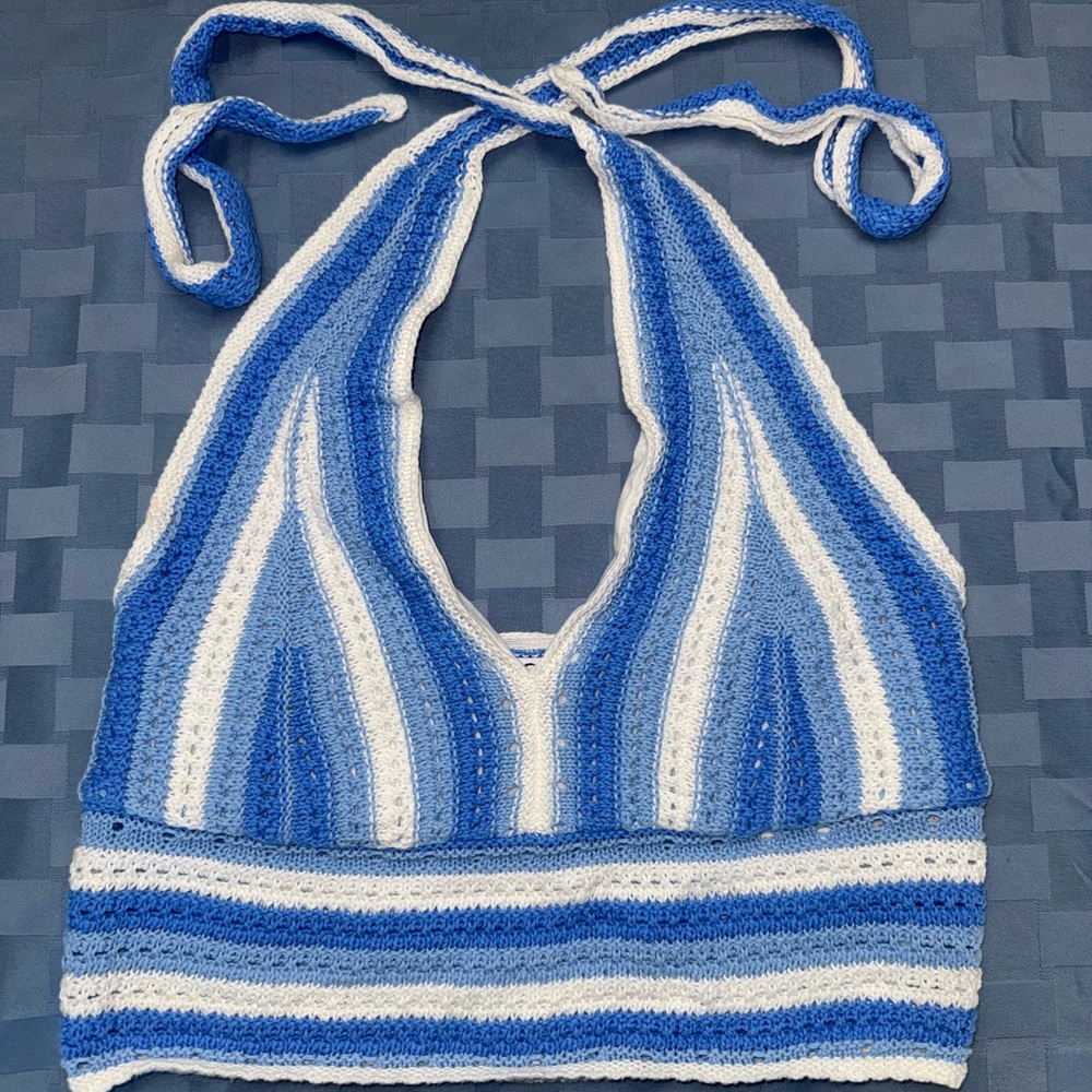 Hollister Blue and White Crochet Halter Top
